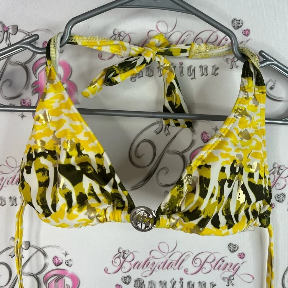 Guess bikini top triangle tie up Yellow and Black Bikini Top y2k metal charm